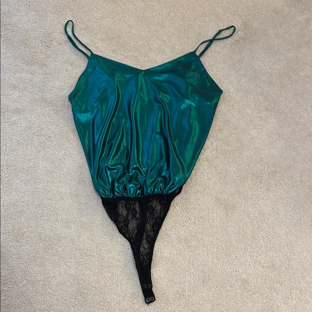 Free People: Teal Satin and Black Lace Bodysuit